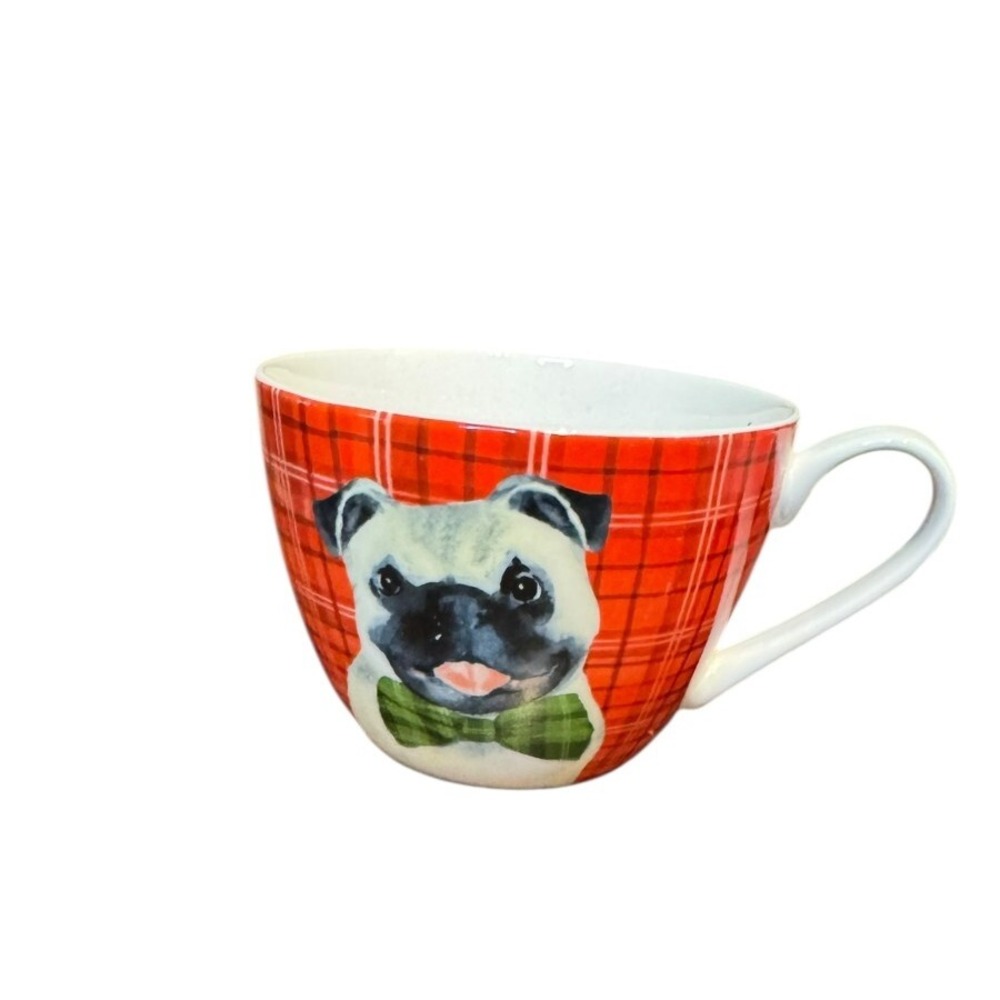 Portobello Coffee Tea Mug‎ Pug Dog Red Check Fine Bone Bulldog Print 3.5"x4.75"
